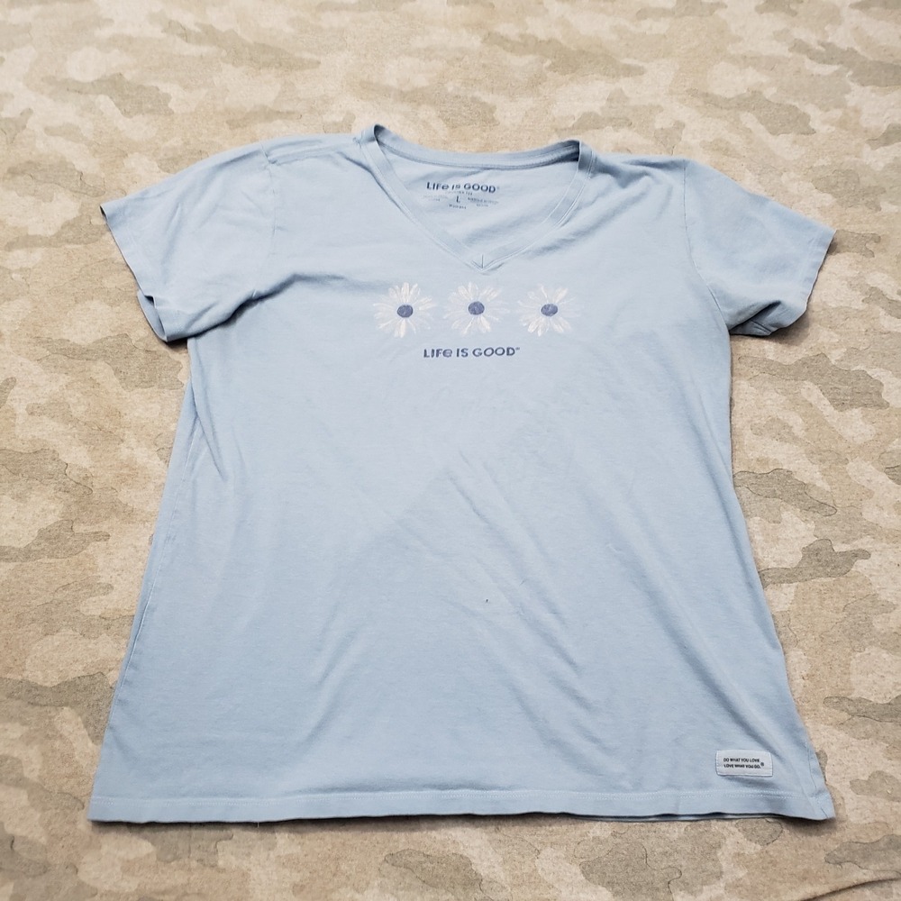Life Is Good Top Womens Large Blue V-Neck Short Sleeve Outdoors Daisey